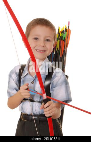 Young Boy with Bow and Arrows isolated over white Stock Photo