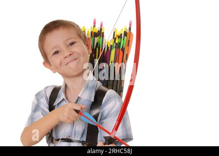 Young Boy with Bow and Arrows isolated over white Stock Photo