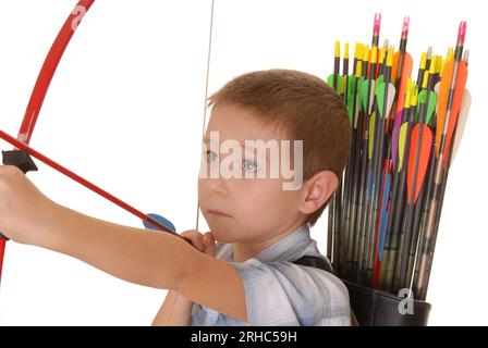 Young Boy with Bow and Arrows isolated over white Stock Photo