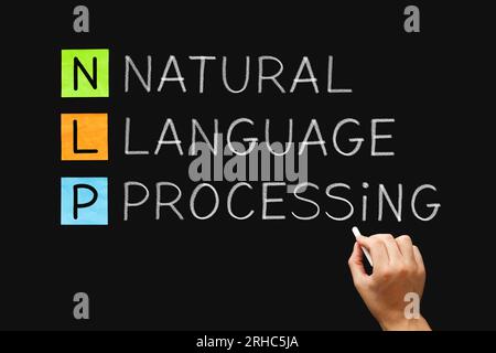 Hand writing concept about NLP - Natural Language Processing, AI artificial intelligence machine learning technology that gives computers the ability Stock Photo