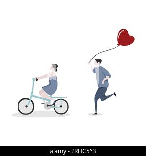 Cute couple character with a man running to catch a girl to give a heart balloon. The girl is riding a bicycle. Concept of romantic young happy people Stock Vector