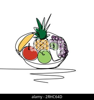 Vegetables continuous line drawing vector illustration. Concept of banana, apple, pineapple, and grapes. Stock Vector