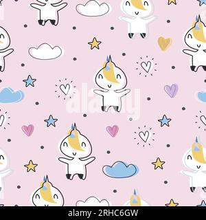 Funny unicorn seamless pattern childish drawing for baby and kids fashion textile print vector illustration. Stock Vector