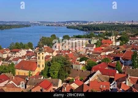 Panoramic views across Zemun and the River Danube from the Gardos Tower in Zemun (Belgrade), Serbia on a beautiful summer afternoon Stock Photo