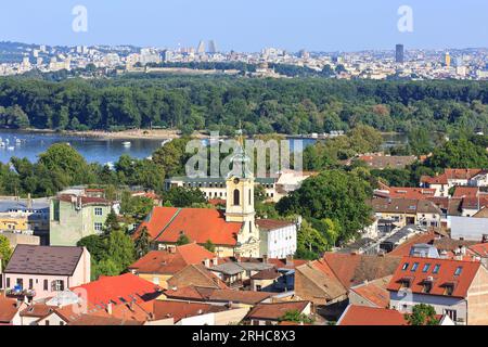 Panoramic views across Zemun, the Sava Beach and River from the Gardos Tower in Zemun (Belgrade), Serbia on a beautiful summer afternoon Stock Photo