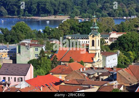 Panoramic views across Zemun, the Sava Beach and River from the Gardos Tower in Zemun (Belgrade), Serbia on a beautiful summer afternoon Stock Photo