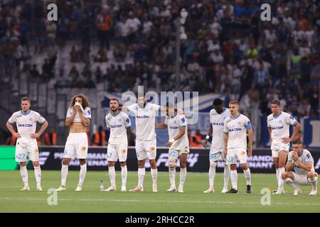 Marseille, 15th August 2023. Marseille players react during the penalty shoot out of the UEFA Champions League Third Qualifying Round 2nd Leg match at Stade de Marseille, Marseille. Picture credit should read: Jonathan Moscrop/Sportimage Credit: Sportimage Ltd/Alamy Live News Stock Photo