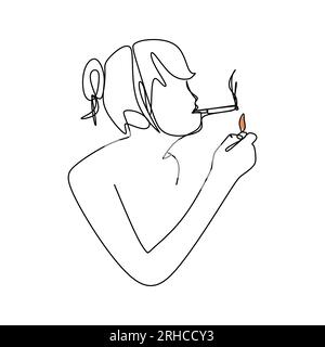 Continuous line drawing of a woman light a cigarette for smoking vector illustration Stock Vector