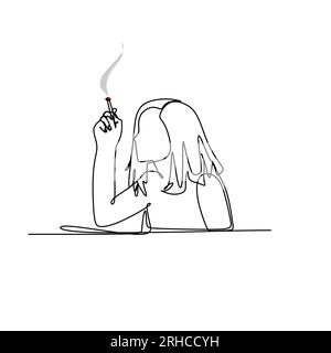 Continuous one line drawing of a woman smoking. Stock Vector