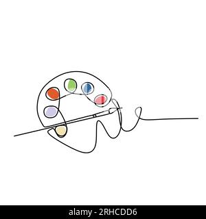 Continuous line drawing of water color pallet and painting brush minimalist design Stock Vector