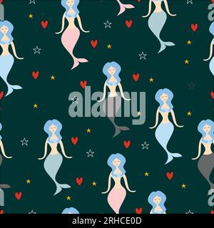 Seamless childish pattern with cute mermaids colorful summer design theme. Undersea vector trendy texture.Perfect for fabric,textile,wrapping Stock Vector