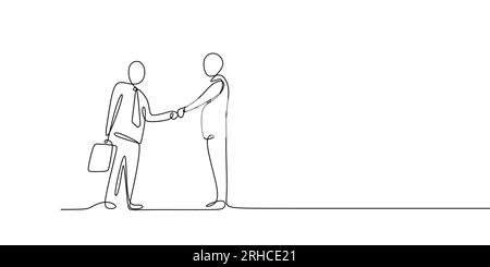 Business meeting concept. Continuous line art drawing of people community with shaking hands vector illustration. Stock Vector