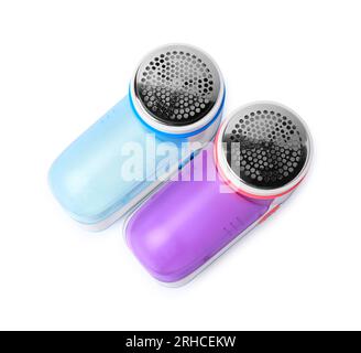 Different fabric shavers on white background, top view Stock Photo