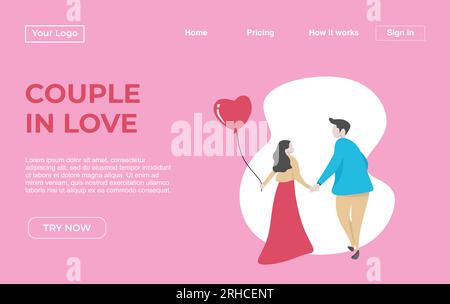 Landing page template of Couple with Dating Apps Illustration Concept. Modern flat design concept of web page design for website and mobile website.Ve Stock Vector
