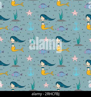 Seamless childish pattern with cute mermaids colorful summer design theme. Undersea vector trendy texture.Perfect for fabric,textile,wrapping Stock Vector