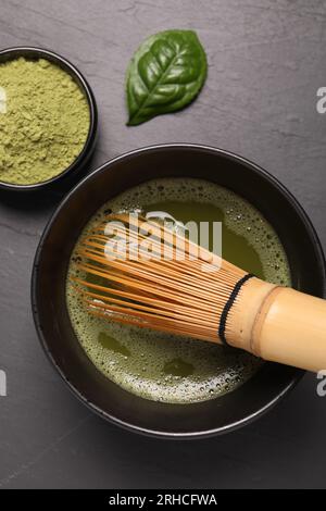 Flat lay composition with matcha tea on gray table Stock Photo