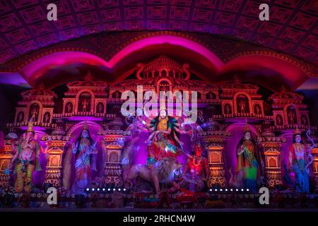 Goddess Durga, a modern display at a Puja Mandap, during the Hindu festival of Durga Puja in Dhaka, Bangladesh. Stock Photo