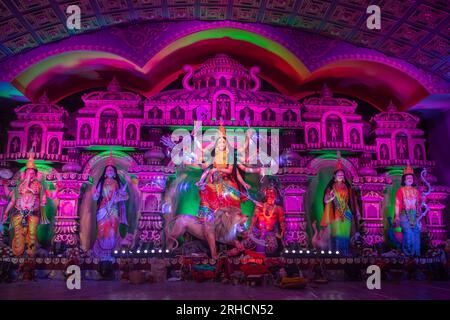 Goddess Durga, a modern display at a Puja Mandap, during the Hindu festival of Durga Puja in Dhaka, Bangladesh. Stock Photo