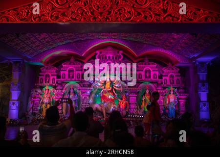 Goddess Durga, a modern display at a Puja Mandap, during the Hindu festival of Durga Puja in Dhaka, Bangladesh. Stock Photo