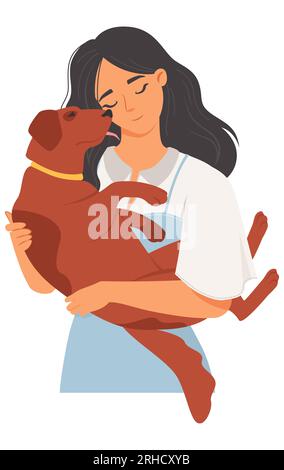 Portrait of happy woman cuddling with her dog Stock Vector