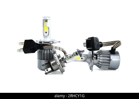 H4 halogen lamp and LED headlight bulbs isolated on white background, vehicles parts and replacement Stock Photo