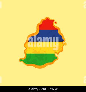 Map of Mauritius colored with the flag and marked with a golden line in grunge vintage style. Stock Vector