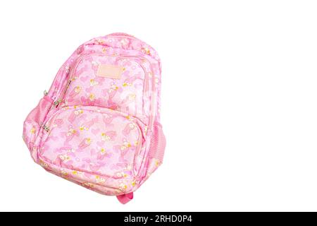 Pastel pink school bag on white isolated background. Back to school minimal concept. Stock Photo