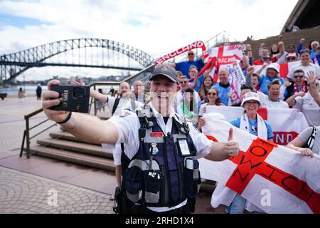 England supporter group, FreeLionesses, are seen outside of Sydney Opera House before the FIFA Women's World Cup semi-final match at Stadium Australia, Sydney. Picture date: Wednesday August 16, 2023. Stock Photo