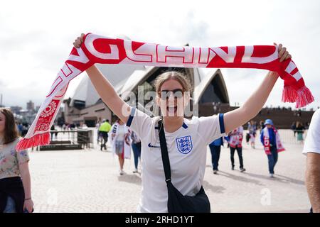 England supporter group, FreeLionesses, are seen outside of Sydney Opera House before the FIFA Women's World Cup semi-final match at Stadium Australia, Sydney. Picture date: Wednesday August 16, 2023. Stock Photo