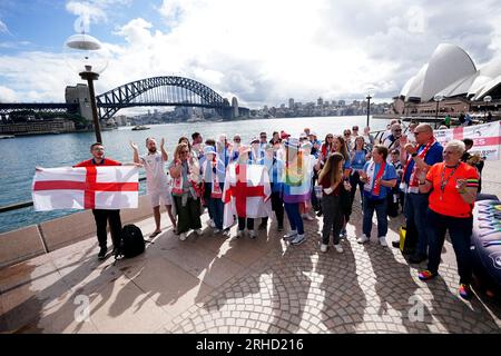 England supporter group, FreeLionesses, are seen outside of Sydney Opera House before the FIFA Women's World Cup semi-final match at Stadium Australia, Sydney. Picture date: Wednesday August 16, 2023. Stock Photo