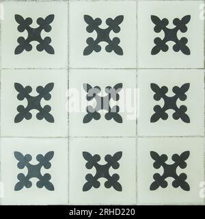 Photograph of traditional floral vintage floor tiles in white and black Stock Photo