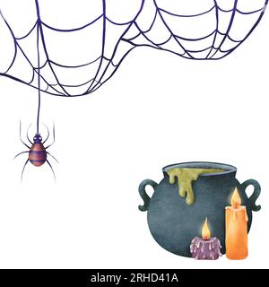 set of candles with a bright flame and dark cauldron with a thick green potion and Cobweb with spider watercolor isolated. Spiderweb for Halloween Stock Photo