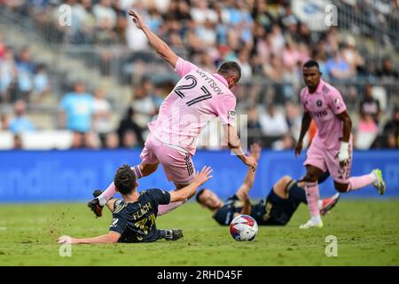Chester, PA, USA 15th Aug, 2023 Philadelphia Union midfielder Leon Flach fouls Inter Miami defender Sergii Kryvtsov (Credit Image: Don Mennig Alamy News - Editorial Use Only - No Commercial Use) Stock Photo