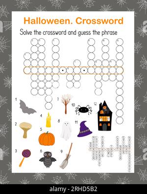 Halloween seasonal crossword activities, word search puzzle, autumn fall holidays vector illustration printable worksheet for kids, educational or leisure game, seasonal topical English vocabulary Stock Vector