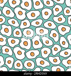 Fried egg seamless pattern background vector design. Food elements in hand drawn style on isolated light blue background. Use for wallpaper, fabric an Stock Vector
