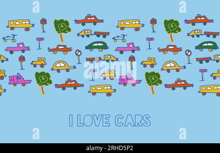 I love cars fun children doodle. Seamless pattern banner vector design. Transport and city elements in hand drawn style on light blue background. Use Stock Vector
