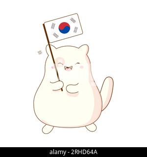 cute kawaii korean cat holding a flag. Vector illustration isolated on white background Stock Vector