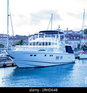 A beautiful luxury speedboat moored in the marina of Setúbal, District of Setúbal, Portugal, Europe Stock Photo