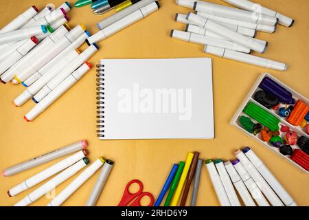 Office for creativity at school. Notepad for inscriptions. Copy space. Stock Photo