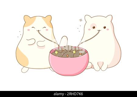 cute cats eating chinese korean noodles. Vector illustration isolated on white background Stock Vector