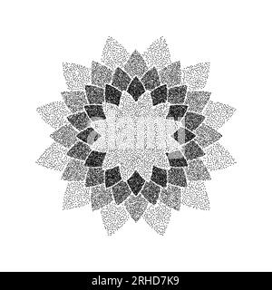 Stipple flower background. Dotted ornament mandala. Noise grain star shape. Abstract black floral decoration. Dotwork radial pattern design for tattoo, poster, clothes, badge, sticker. Vector Stock Vector