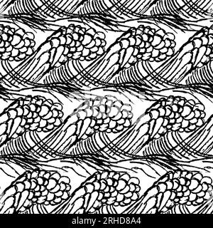 Ocean wave sketch seamless pattern vector design. Monochrome natural elements on isolated white background. Use for wallpaper, fabric and wrapping pap Stock Vector