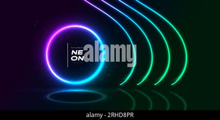 Modern and Futuristic Background with Glowing Neon Circle Frame with Halftone Effect Isolated on Dark Background. Colorful Neon Background Stock Vector