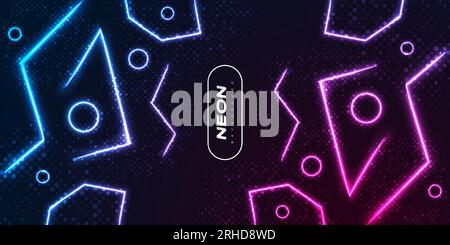 Modern and Futuristic Background with Abstract Shapes in Glowing Neon Effect and Halftone Style on Dark Background. Colorful Neon Background Stock Vector