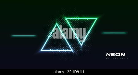 Futuristic Modern Sci-Fi Background with Glowing Neon Triangle in Green and Blue. Neon Background with Halftone Style Isolated on Dark Background Stock Vector