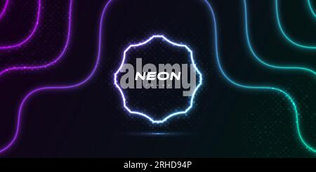 Futuristic Modern Sci-Fi Background with Glowing Neon Lines with Halftone Style Isolated on Dark Background. Neon Light Background with Empty Space Stock Vector