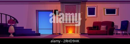 Large living room with fireplace at night. Vector cartoon illustration of house interior or hotel lobby with chair and sofa, bunch of roses in vase next to staircase, floor lamp, pictures on wall Stock Vector
