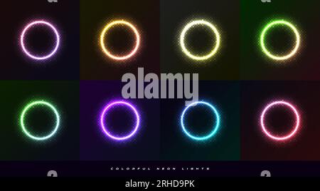Set of Circle Frame with Glowing Neon Effect and Halftone Style. Collection of Colorful Neon Lighting Isolated on Dark Background with Copy Space Stock Vector