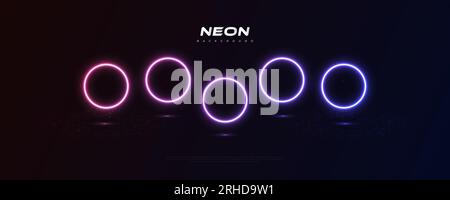 Futuristic Modern Sci-fi Background with Glowing Neon Circles on Dark Background. Abstract Blue And Purple Neon Light Shapes On Black Background Stock Vector