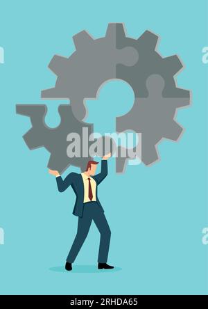 Business concept illustration of a man holding on his shoulder the final peace of puzzle which forming a gear, business, complete, completion, solutio Stock Vector